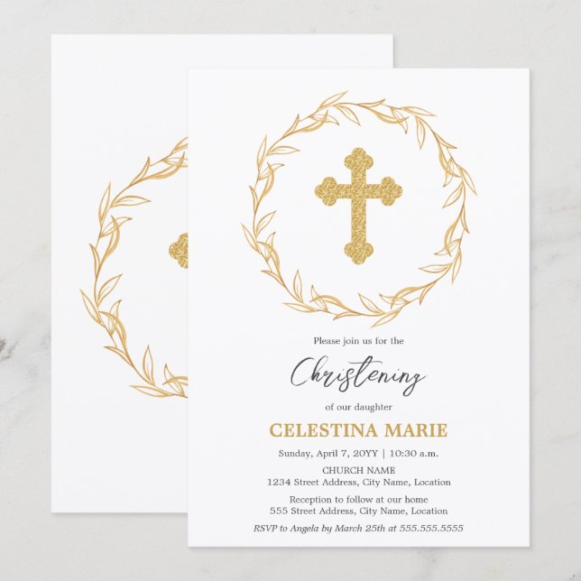 Invitation Elégant Gold Cross Christening (Devant / Derrière)