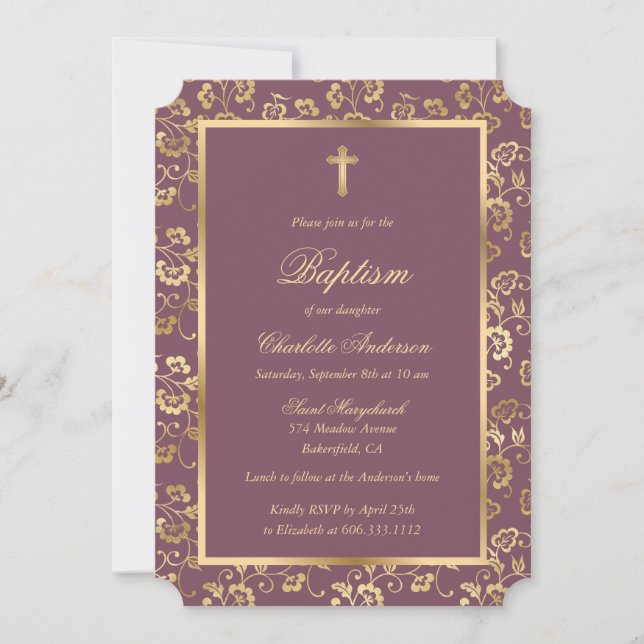 Invitation Élégant Gold Cross Script Floral Baptism (Devant)