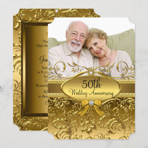 Invitation Elégant Gold Damask Photo 50th Anniversary