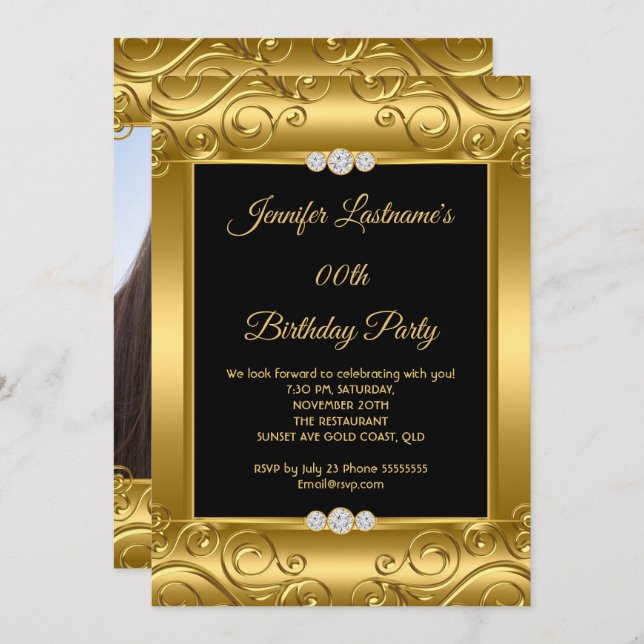 Invitation Elegant Gold Damask Photo fête d'anniversaire (Devant / Derrière)
