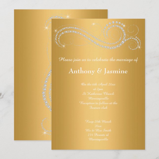 INVITATION ÉLÉGANT GOLD DIAMOND SWIRL MARIAGE (Devant / Derrière)