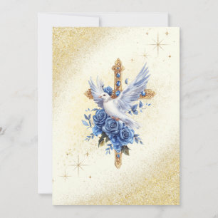 Invitation Elégant Gold Dove Bleu Roses Baptême