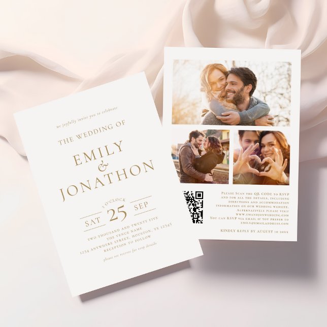 Invitation Elegant Gold Ecriture 3 Photos QR Code Mariage (Front and back)