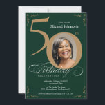 Invitation Elégant Gold Emerald Green 50e anniversaire<br><div class="desc">Elégante Gold Emerald Green 50th Birthday Invitation. Voici notre Elegant Gold & Emerald Green Milestone Invitation d'anniversaire, un design étonnant qui incarne le raffinement et la célébration. Cette luxueuse invitation présente un riche arrière - plan bleu marine orné de somptueux accents dorés, parfait pour commémorer ces jalons importants dans le...</div>