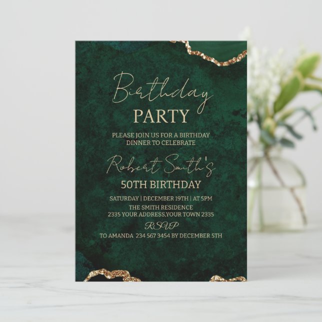 Invitation Elegant Gold Emerald Green Agate 50th Birthday (Debout devant)
