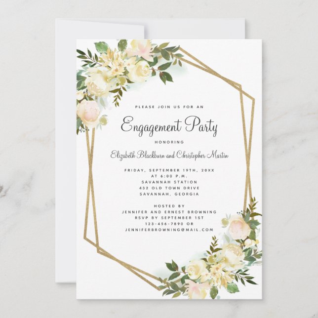 Invitation Élégant Gold Engagement Mariage Floral Blanc (Devant)