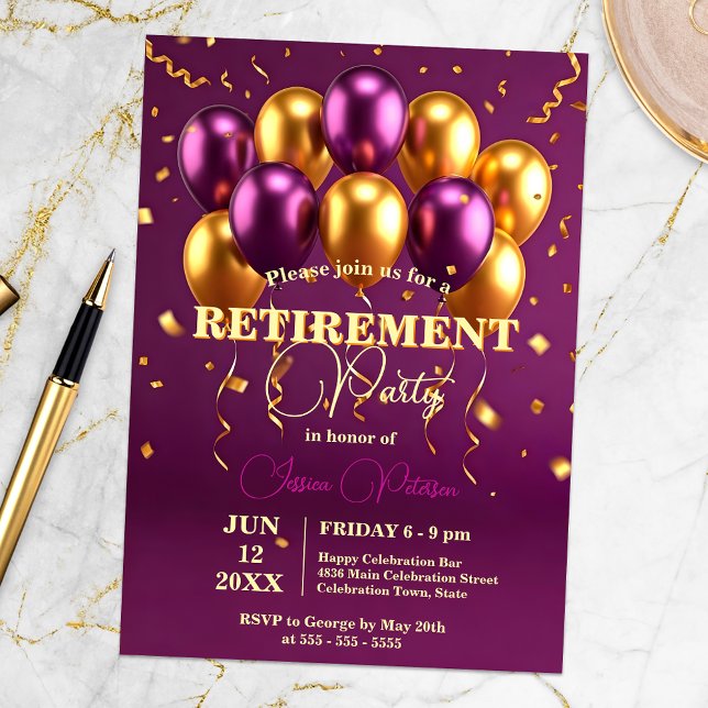 Invitation Élégant Gold et Violet Ballons Parti de retraite (Créateur téléchargé)