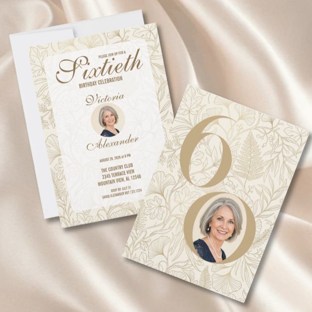 Invitation Elegant Gold Floral 60th Birthday Photo (Elegant Gold Floral 60th Birthday Photo Invitation)