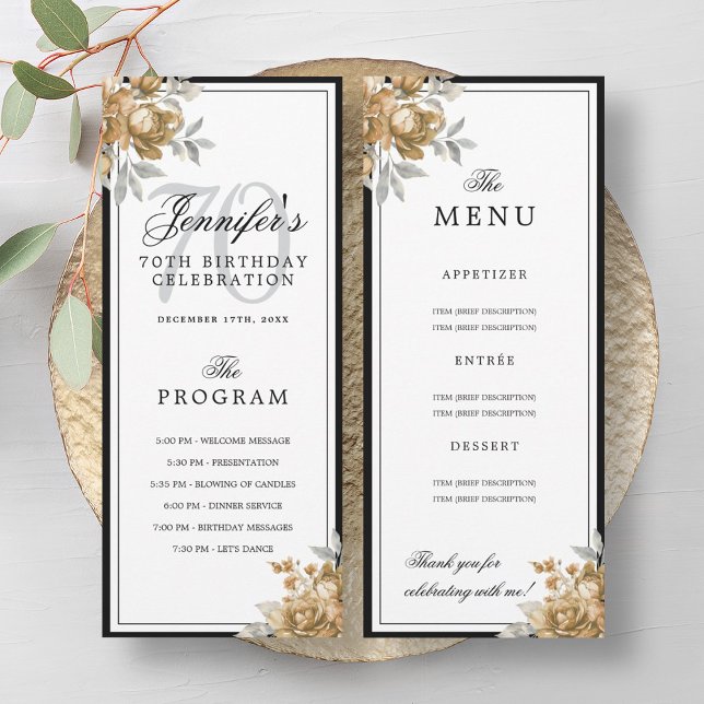 Invitation Elegant Gold Floral 70th Birthday Program Menu  (Elegant Gold Floral 70th Birthday Program Menu )