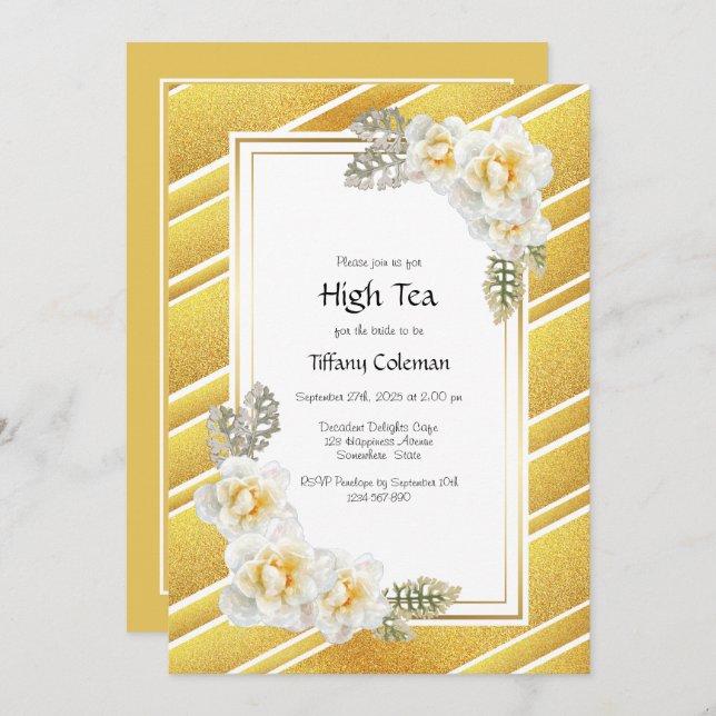 Invitation Elégant Gold Floral Bridal High Tea (Devant / Derrière)