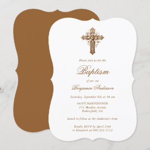 Invitation Élégant Gold Floral Cross Baptism