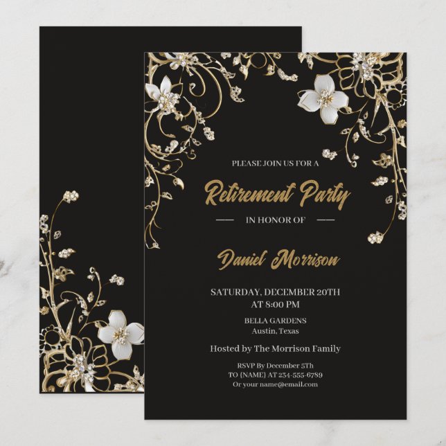 Invitation Élégant Gold Floral Frame Retirement 2025 (Devant / Derrière)