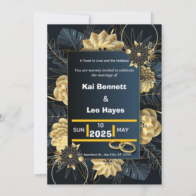 Invitation Elegant Gold Floral Navy Holiday Wedding Invite (Devant)