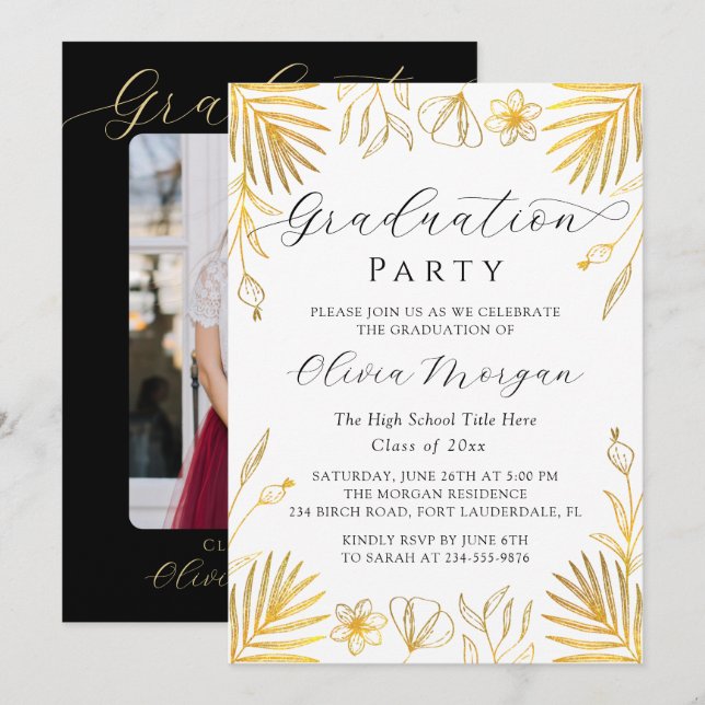 Invitation Elégant Gold Floral Script Graduation Party Photo (Devant / Derrière)