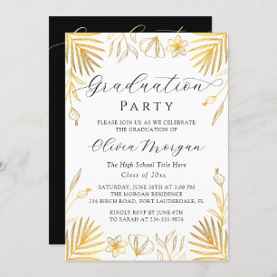 Invitation Elégant Gold Floral Script Graduation Party Photo