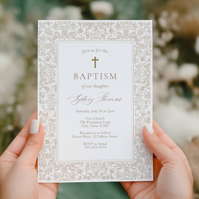Invitation Elegant Gold Floral Traditional Baptism  (Créateur téléchargé)