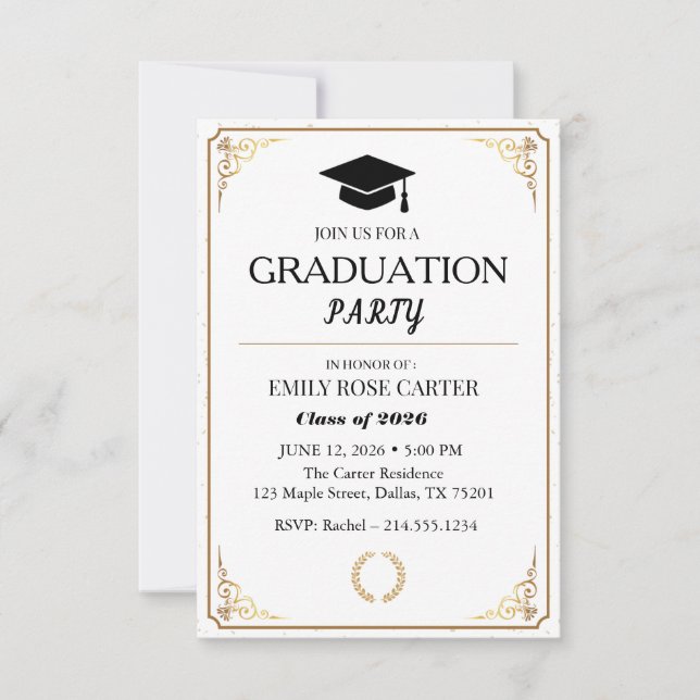 Invitation Elegant Gold Flourish Black Graduation Party  (Devant)