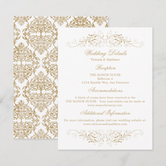 Invitation Elegant Gold Flourish Mariage damassé Détails (Devant / Derrière)