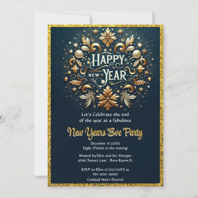 Invitation Elegant Gold Flourish New Years Eve Party  (Devant)