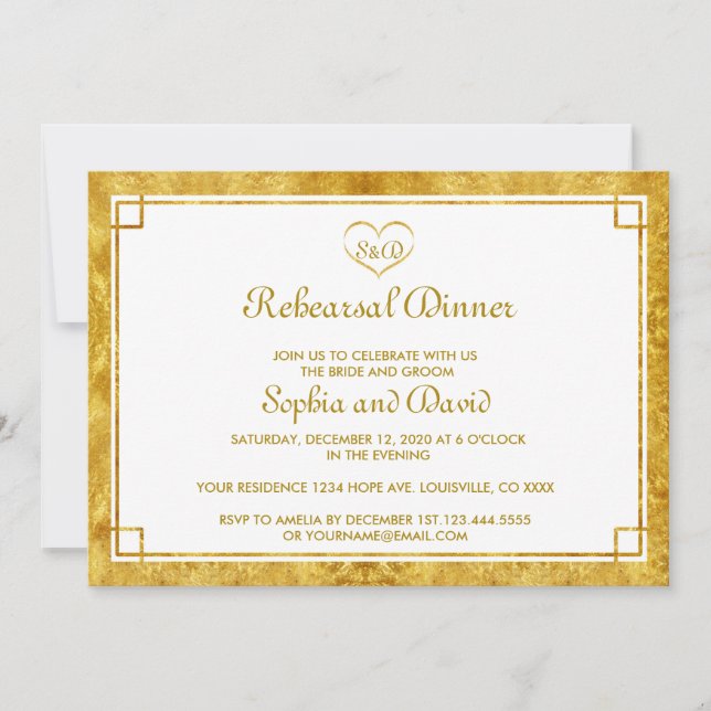Invitation Elégant Gold Foil Coeur RÉPÉTITION DÎNER Invitatio (Devant)