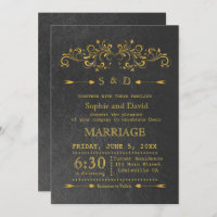 Elégant Gold Foil Flourish Black Wedding Invitatio