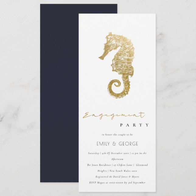 INVITATION ELÉGANT GOLD FOIL NAVY SEAHORSE ENGAGEMENT PARTI (Devant / Derrière)