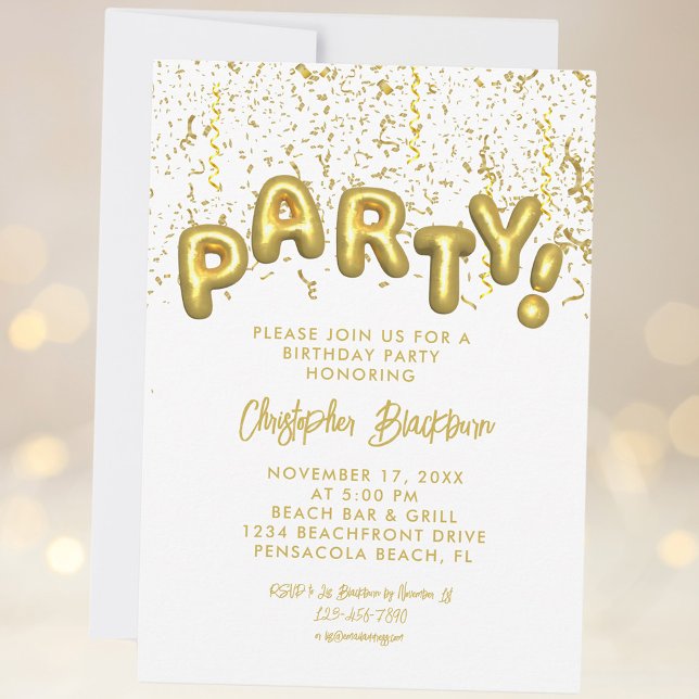 Invitation Élégant Gold Foil Party Balloon Anniversaire Confe (Créateur téléchargé)