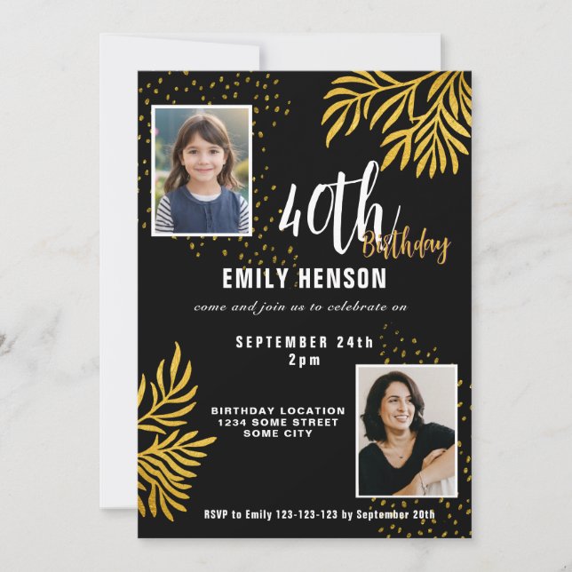 Invitation  Elegant Gold Foliage 2 Photo 40th Birthday Party  (Devant)