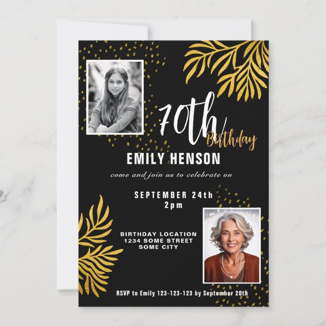 Invitation  Elegant Gold Foliage 2 Photo 70th Birthday Party  (Devant)