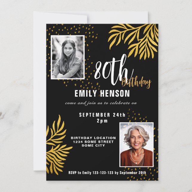 Invitation  Elegant Gold Foliage 2 Photo 80th Birthday Party  (Devant)