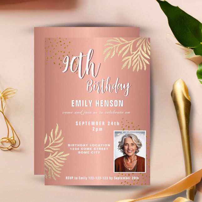 Invitation  Elegant Gold Foliage 2 Photo 90th Birthday Party  (Créateur téléchargé)