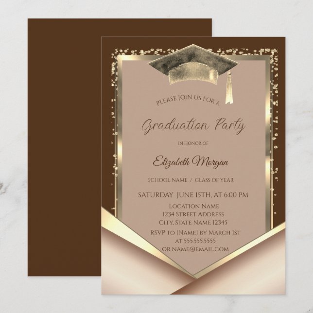 Invitation Elegant Gold Frame Diamonds Brown Graduation (Devant / Derrière)