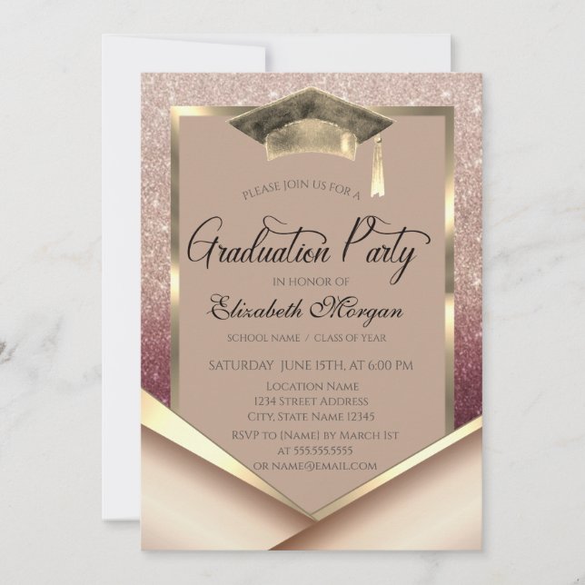 Invitation Elegant Gold Frame Diamonds Glitter Graduation (Devant)