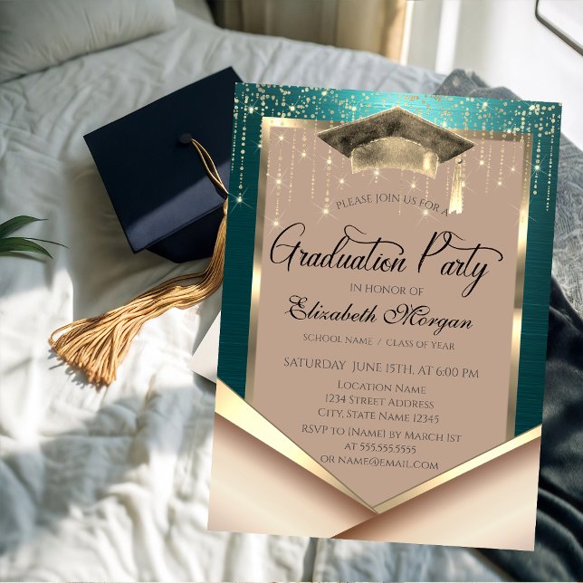 Invitation Elegant Gold Frame Diamonds Green Graduation (Créateur téléchargé)