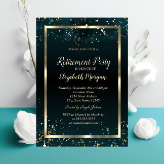 Invitation Elegant Gold Frame Dots Navy Confetti Retirement