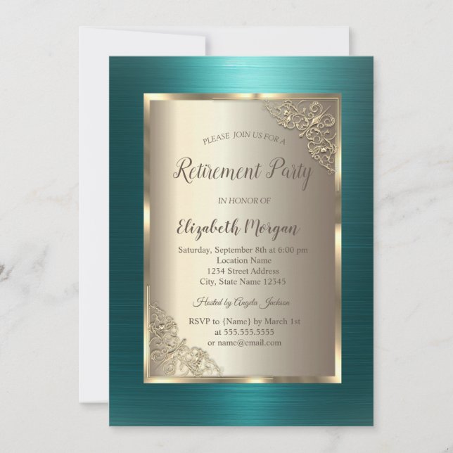 Invitation Elegant Gold Frame Green Metallic Retirement  (Devant)