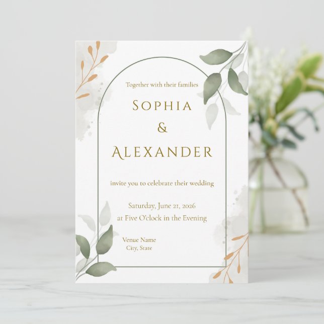 Invitation Elegant Gold Frame & Greenery Floral Wedding  (Debout devant)