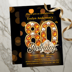 Invitation Elégant Gold Gemstone 80e fête d'anniversaire