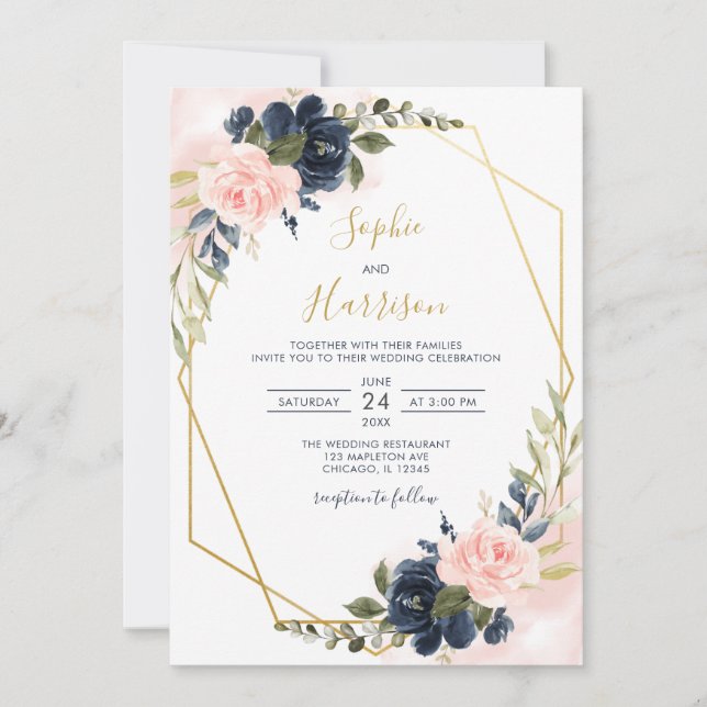 Invitation Elegant Gold Géométrique Blush et Mariage de marin (Devant)