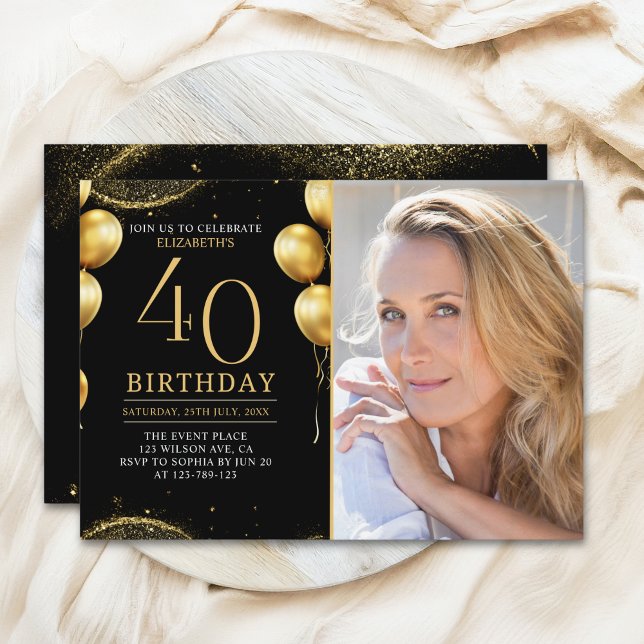Invitation Elegant Gold Glitter Birthday 40th With Photo (Créateur téléchargé)