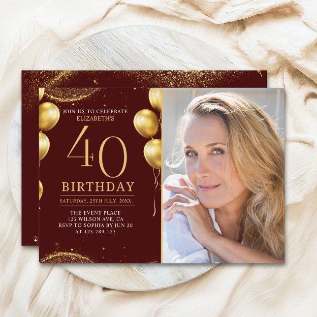 Invitation Elegant Gold Glitter Birthday 40th With Photo (Créateur téléchargé)