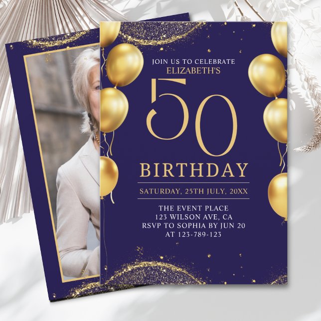 Invitation Elegant Gold Glitter Birthday 50th with Balloons (Créateur téléchargé)
