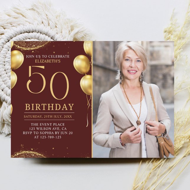 Invitation Elegant Gold Glitter Birthday 50th With Photo (Créateur téléchargé)