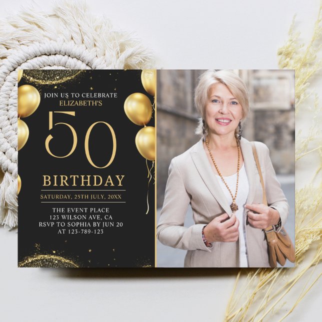 Invitation Elegant Gold Glitter Birthday 50th With Photo (Créateur téléchargé)