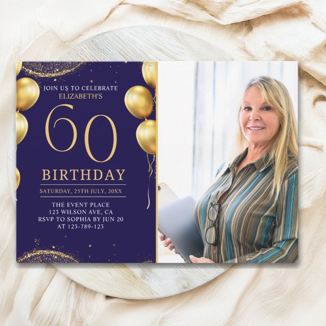 Invitation Elegant Gold Glitter Birthday 60th With Photo (Créateur téléchargé)