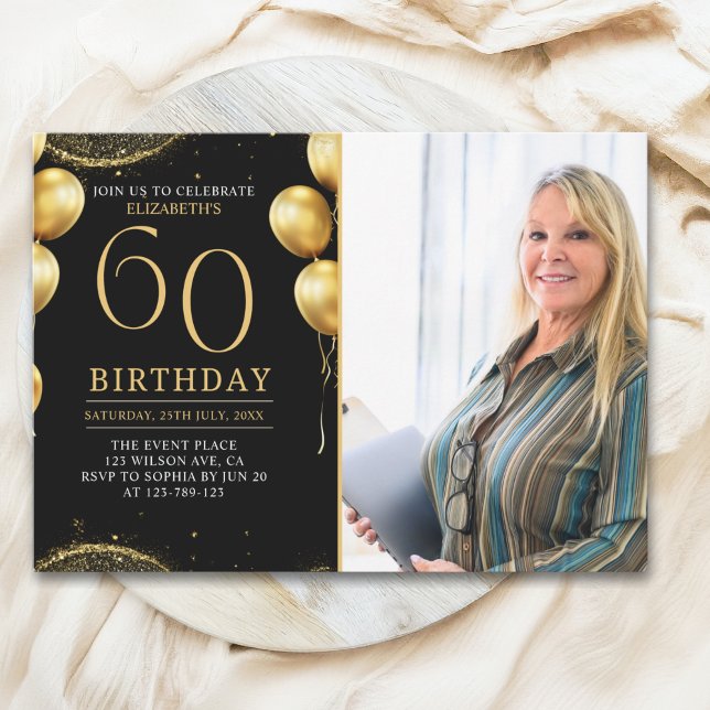Invitation Elegant Gold Glitter Birthday 60th With Photo (Créateur téléchargé)