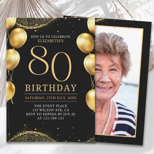 Invitation  Elegant Gold Glitter Birthday 80th with Ballons (Créateur téléchargé)