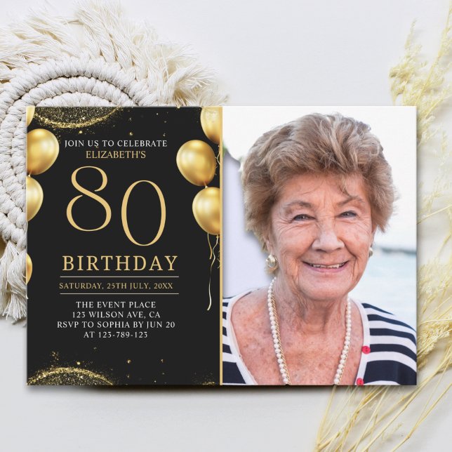 Invitation Elegant Gold Glitter Birthday 80th With Photo (Créateur téléchargé)