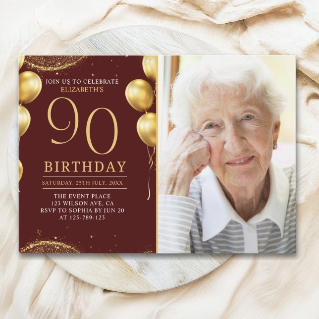 Invitation Elegant Gold Glitter Birthday 90th With Photo (Créateur téléchargé)