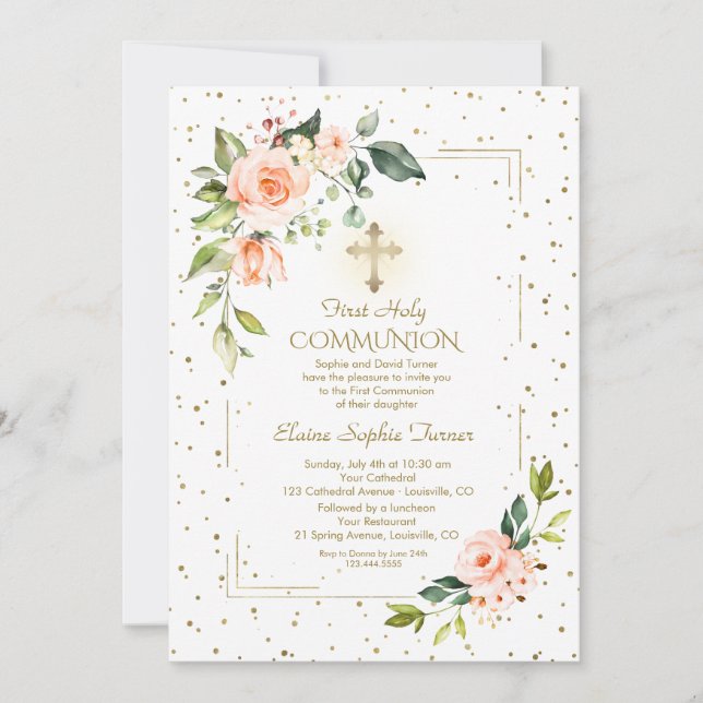 Invitation Elegant Gold Glitter Coral Flowers Holy Communion (Devant)